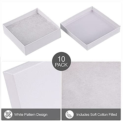 Cardboard Jewelry Boxes 10 Pack - 3.5"x3.5"x1" Bulk Cotton Filled Small Gift Boxes with Lids for Jewelry Packaging (White) - color: White