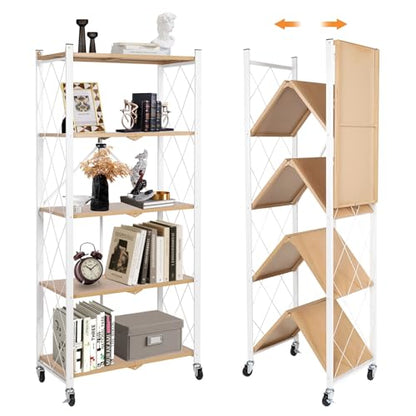 5-Tier Foldable Storage Shelves with Wheels Wood Grain Transfer - color: Natural, size: 5 Tier