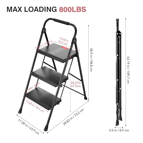 TOOLF 3 Step Ladder, Folding Steel Step Ladder with Handrail, Black - size: 3 Step Ladder