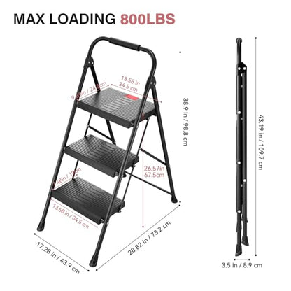 TOOLF 3 Step Ladder, Folding Steel Step Ladder with Handrail, Black - size: 3 Step Ladder