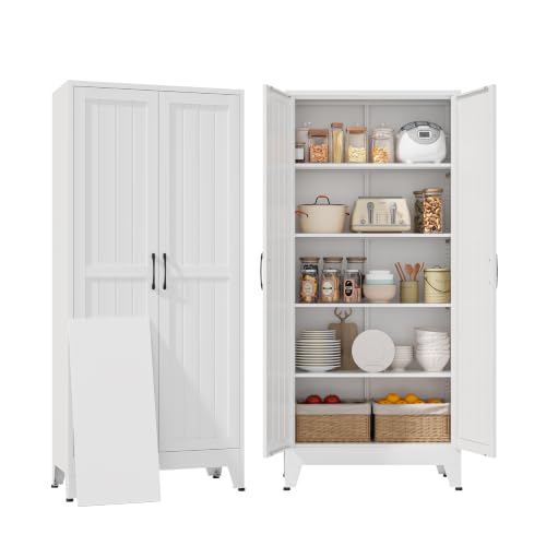 YAUWOH 71''Metal Cabinet with 4 Adjustable Shelves,5-Tier Pantry Storage Cabinet,Kitchen Pantry Cabinet - color: White, size: 71"H 2 Door 0 Drawer-Beadboard Door