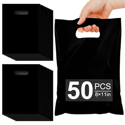 VieFantaisie 50 PCS Black Party Favor Bags, 8" x 11" Goodie Bags for Candy Treat Craft Easter Egg, Plastic Gift Bag with Die Cut Handles for Birthday Party, School Events & Small Business, Wedding - color: Black-50PCS-8x11Inch