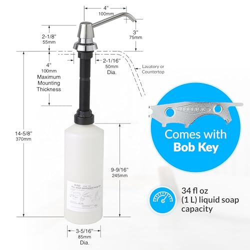 Bobrick B-822 Manual Top Fill Liquid Soap Dispenser 34 fl oz. (1L) Liquid Soap Capacity, 4- Inch Free-Turning Spout for Public Restroom Countertops, Chrome Finish (Pack of 12) - size: 4" Spout (Pack of 12), style: Liquid