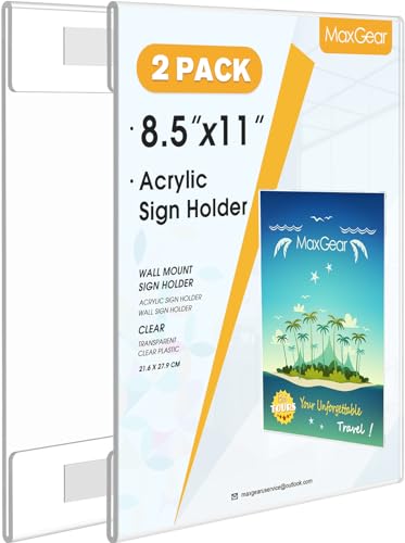 MaxGear Acrylic Sign Holder 8.5 x 11 Wall Mount with Tape, 2 Pack, Vertical - size: 8.5"x11"-2Pack