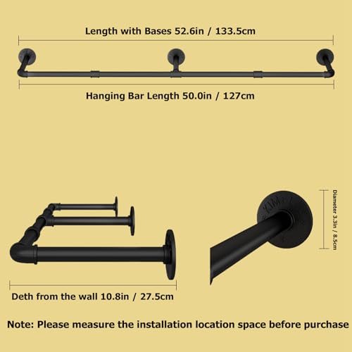 Wall Mounted Clothes Rack, 52.6in Industrial Pipe Clothing Rack for Hanging Clothes, Heavy Duty Garment Rack Wall, Space-Saving Bar, Multi-Purpose Hanging Rod for Laundry Room, Bedroom, 2Packs - size: 52.6Inches