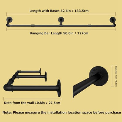 Wall Mounted Clothes Rack, 52.6in Industrial Pipe Clothing Rack for Hanging Clothes, Heavy Duty Garment Rack Wall, Space-Saving Bar, Multi-Purpose Hanging Rod for Laundry Room, Bedroom, 2Packs - size: 52.6Inches