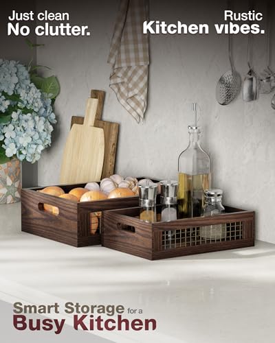 Set of 2 Wooden Countertop Baskets with Sturdy Wire Mesh & Handles - color: Walnut
