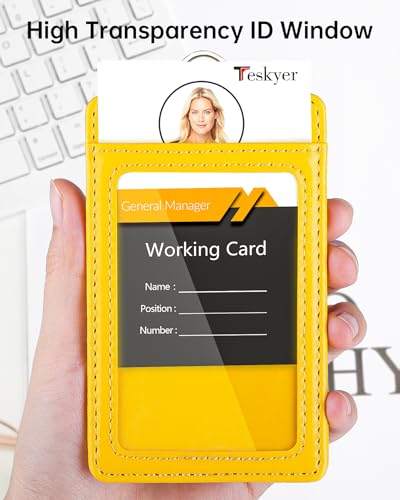 Teskyer Leather ID Badge Holder with Lanyard, Vertical Bright Yellow - color: Bright Yellow, size: Vertical