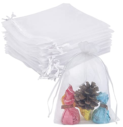 Jexila 100PCS White Organza Bags 5''X7'' Sheer Mesh Bag Drawstring Gift Bag Small for Wedding Favor Party Baby Shower Pouch Jewelry Bags - color: White