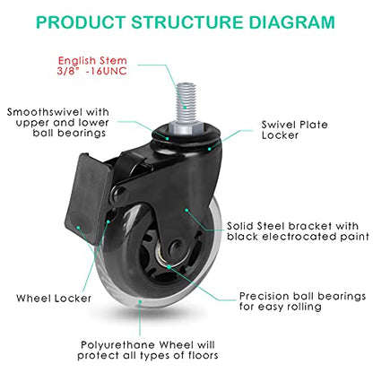 Hirate 3 inch Threaded 3/8"-16UNC Swivel Stem Casters with Brake