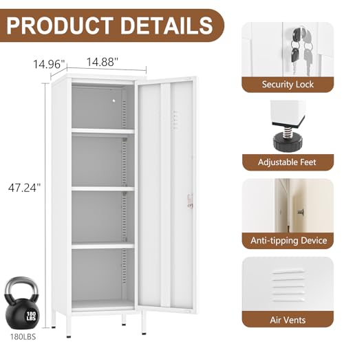 pozdeg 47.24" White Lockable Small Metal Storage Locker - color: White, size: 14.96"D x 14.88"W x 47.24"H