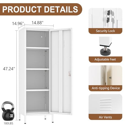 pozdeg 47.24" White Lockable Small Metal Storage Locker - color: White, size: 14.96"D x 14.88"W x 47.24"H