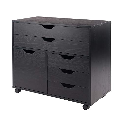 Winsome Halifax Mobile Storage Cabinet with 1 Large Door & 5 Drawers, Black - color: Black, style: 1 Door, 3 Drawers, 2 Wide Drawers