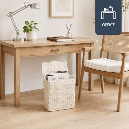 Wicker Trash Can with Lid & Liner, Small Bathroom Waste Basket, Beige - color: white