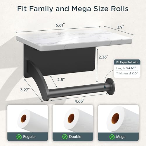 FORIOUS Natural Marble Toilet Paper Holder with Phone Shelf, Commercial - color: Matte Black, size: Single Roll