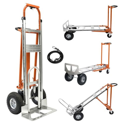 Heavy Duty Folding Hand Cart 1000LBS with Pneumatic Wheels, 4-Mode Aluminum Platform Dolly for Construction, Industrial, Moving, 51" Flatbed - color: Black-orange