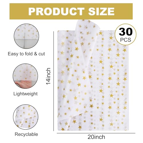 BEISHIDA White and Gold Star Tissue Paper Bulk,Wrapping Tissue Paper for Gift Bags, 14 x 20 Inch Gift Wrap for Christmas Birthday Wedding Graduation DIY Crafts Holiday Flowers-30 Sheets - color: 30-wg