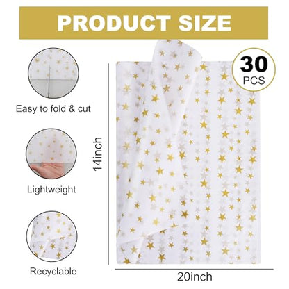 BEISHIDA White and Gold Star Tissue Paper Bulk,Wrapping Tissue Paper for Gift Bags, 14 x 20 Inch Gift Wrap for Christmas Birthday Wedding Graduation DIY Crafts Holiday Flowers-30 Sheets - color: 30-wg