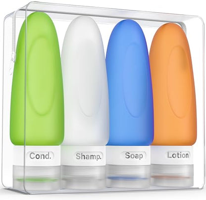 Dot&Dot Leak Proof Travel Bottles - Tubes for Liquid TSA Approved 3oz Silicone Toiletries Travel Shampoo & Conditioner Containers with Labels - color: 3oz 4pc - White/Blue/Green/Orange