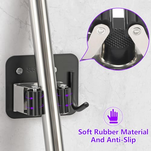 Broom Holder Wall Mount Rack, 304 Stainless Steel Mop and Tool Organizer - color: Black-Silver