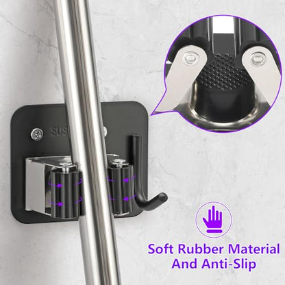 Broom Holder Wall Mount Rack, 304 Stainless Steel Mop and Tool Organizer - color: Black-Silver