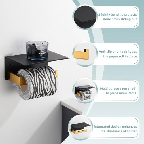 APLusee Black and Gold Toilet Paper Holder with Storage Shelf, Wall Mounted - color: Black With Gold, size: Single Rod