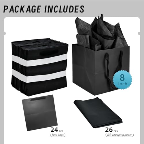 Papertide 24 Pack 8x8x8 inch Black Square Gift Bags with Tissue Ppaper - color: Black