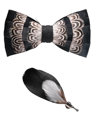 RBOCOTT Handmade Feather Pre-tied Bow tie and Brooch Sets for Men - color: Black/White/Coffee