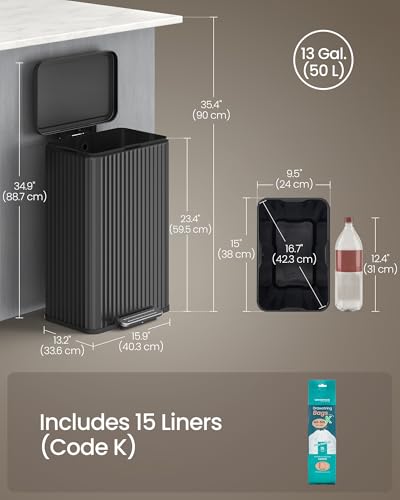 SONGMICS Trash Can, 13 Gallon (50 L), Stainless Steel, with Lid, Pedal - color: Ink Black, size: 13 Gallon