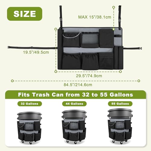 HODRANT 32-55 Gallon Trash Can Caddy Bag with Multi Pockets for Clean Tools - color: Black+Gray