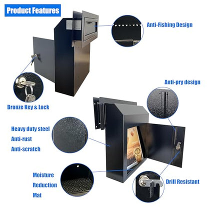 Through-the-Door Mailbox with Key Lock & Rear Access - color: Black, size: Large