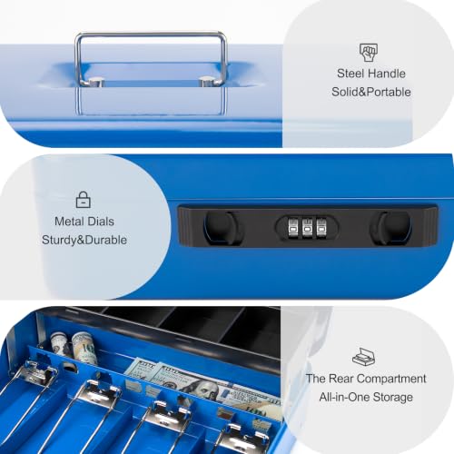 Jssmst Metal Cash Box with Money Tray and Lock, Portable Cash Drawer, 11.8" - color: Blue Code-B