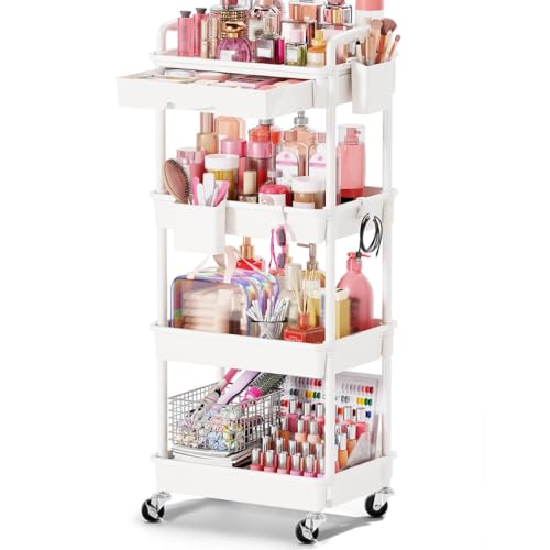 Goovilla Rolling Makeup Organizer Cart with Removable Drawer, 4 Tier White - color: White, size: 4 Tier