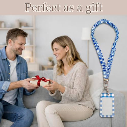 Scrunchie Lanyard/Stretchy Lanyards with ID Holder Checkered Pattern Retractable Lanyard with Badges Keychain Holder, Ideal for Women Teachers Nurse Back to School Birthday Gifts (Blue) - color: Blue