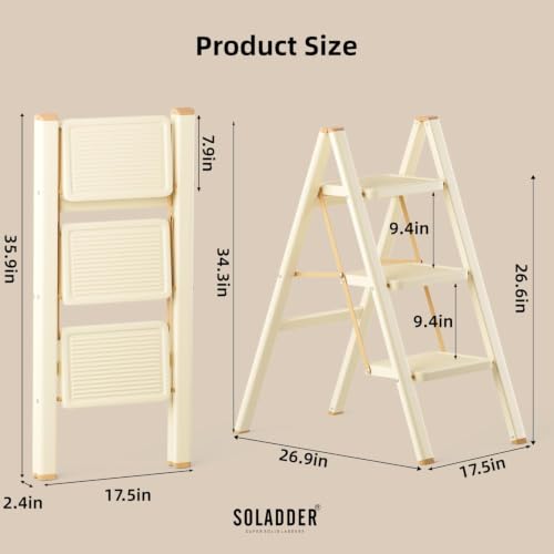 SOLADDER 3 Step Ladder, Folding Step Stool, Cream Chocolate - color: Cream Chocolate, size: 3 Step