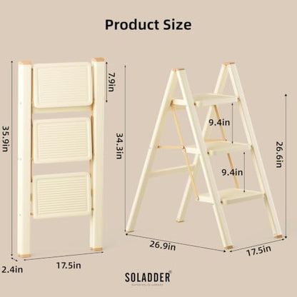 SOLADDER 3 Step Ladder, Folding Step Stool, Cream Chocolate - color: Cream Chocolate, size: 3 Step