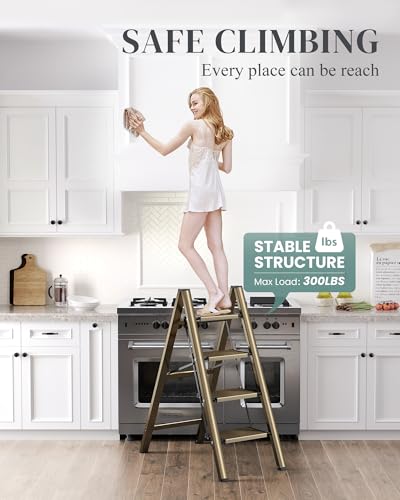 4 Step Ladder, Foldable Aluminum Step Stool with Anti-Slip Pedal - color: Champagne Gold, size: 4 Step