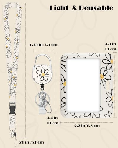 Uniclife Fashionable Sliding Badge Holder Flower Pattern with Reel - color: Beige Base Daisy-horizontal