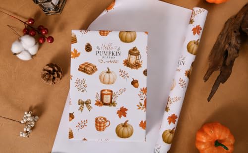 Sikiweiter Fall Pumpkin Wrapping Paper Roll, 17 Inches x 16.5 Feet, Autumn Pumpkin Plaid Bow Maple Leaf Cozy Gift Wrap for Thanksgiving and Fall Harvest(Autumn) - color: Autumn