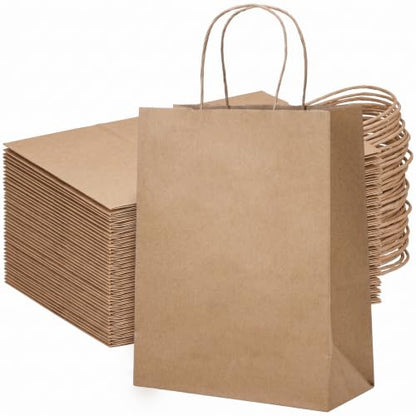 OUTUXED 100pcs 8x4x10in Brown Paper Bags with Handles Kraft Paper Gift Bags - color: Brown 8x4x10in, size: 1 Count (Pack of 100)