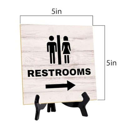 Restrooms Right 5"x 5" Square Table Sign With Acrylic Easel | General Office Notices & Business Table Signs - color: Restrooms Right