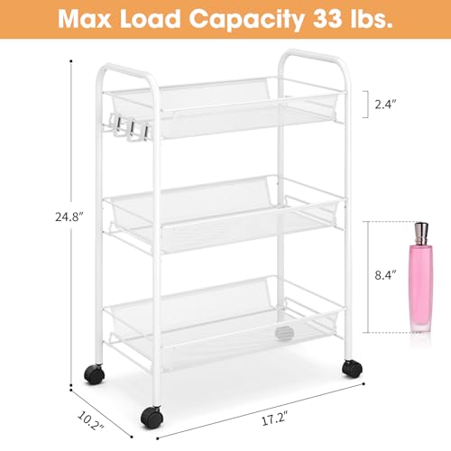 TOOLF 3 Tier Rolling Cart, Metal Utility Storage Cart with Wheels, White - color: White, size: 3-Tier