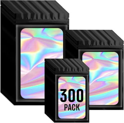 Funfery 300 Pack 3 Size Mylar Holographic Bags with Clear Window,Black - color: Black, size: 4.7x7.9+5.5x7.9+6.3x9.4 Inch