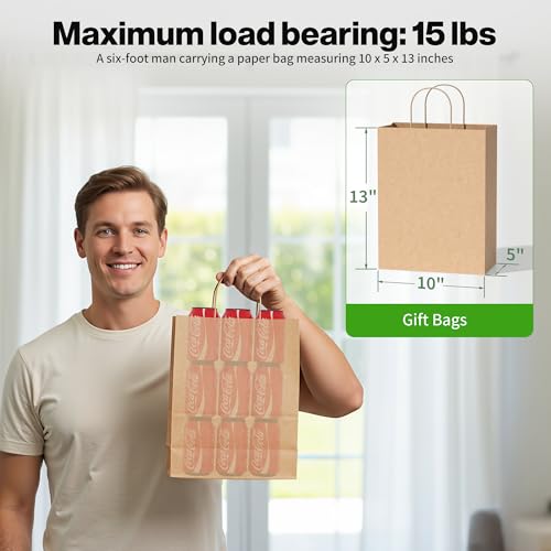 Simple Deluxe Value Pack of 150 Kraft Paper Bags with Handles (10x5x13 Inch) - Made in USA from 90GSM 100% Recycled Paper for Retail, Bulk Savings for Retail, Stores & Gift Packaging - size: 1 Count (Pack of 150)