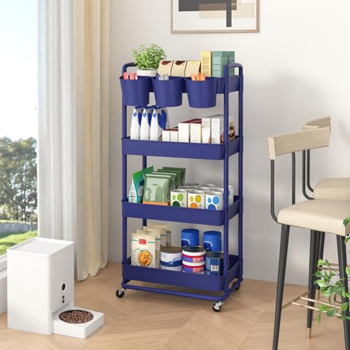 JIUYOTREE 4-Tier Plastic Rolling Storage Cart Utility Cart Blue - color: Blue, size: 4-Tier