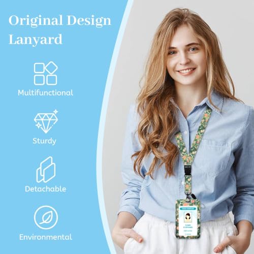 Hancynir Black Cat Flower Lanyards for Id Badges with Retractable Reel Clip - color: Floral Cat Green