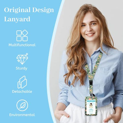 Hancynir Black Cat Flower Lanyards for Id Badges with Retractable Reel Clip - color: Floral Cat Green