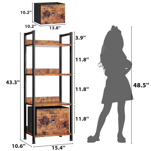 Furologee 4 Tier Bookshelf with Drawer, Small Narrow Bookcase, Rustic Brown - color: Rustic Brown, size: 4 Tier
