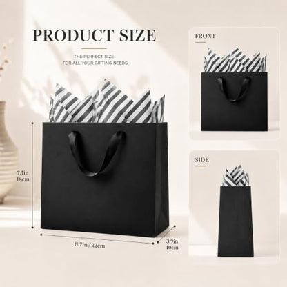 Offizon 12PCS Black Gift Bags with Stripe Tissue Small Bag 8.7x3.9x7.1in - color: Small-Black3-6PCS