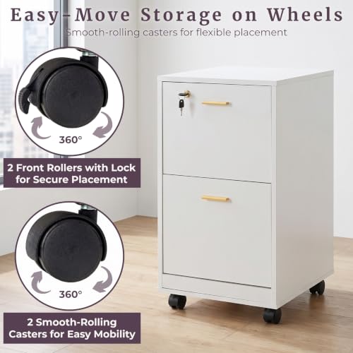 Lavish Home 2-Drawer Wooden File Cabinet with Lock, White, 16” x 27” - color: White, style: Gold Hardware